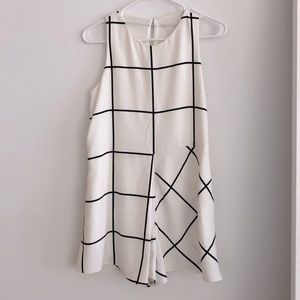 Zara Romper with asymmetrical black line pattern on white/créame canvas, XS